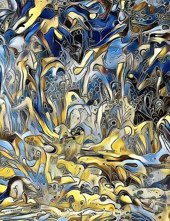 Sea Life An Abstraction In Blue And Gold. Waves, shore, sand, fish, sea creatures, monsters, rivulets and splashes of water. Give this abstract a few moments of your time and see what you discover.