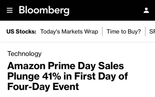 = Bloomberg = US Stocks: Today's Markets Wrap | Time to Buy? | SI Technology

Amazon Prime Day Sales Plunge 41% in First Day of Four-Day Event