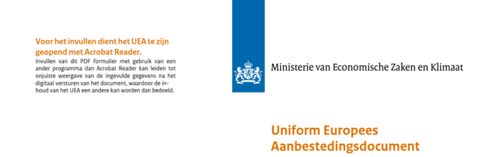 Screenshot met de tekst: "Voor het invullen dient het UEA te zijn geopend met Acrobat Reader."