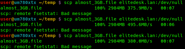 scp (SSH copy) of an ~3GB long blob to /dev/null on the remote results in ~500MB/s of SSH crypto throughput
