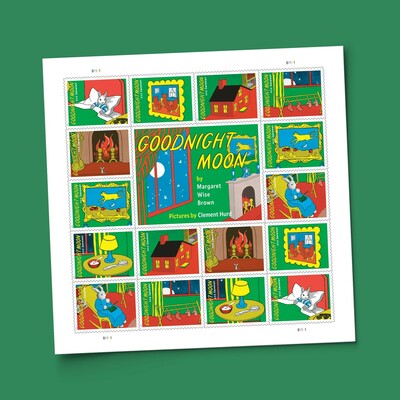 Delight in the nostalgia of this beloved children’s book with the Goodnight Moon Forever® stamps. 

The stamp art features eight vibrantly colored details from the picture book, including everything from the young bunny tucked into bed to the cow jumping over the Moon to the bowl of mush atop the bedside table. 

Photo of the complete 16 stamp pane set, USA, FOREVER stamps, with GOODNIGHT MOON in the middle.

Stock image from the USPS website.
