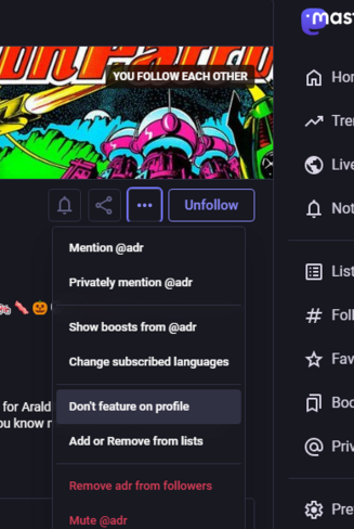 screenshot of the "Feature on profile" UI affordance which is located in the "..." menu on every Mastodon profile.