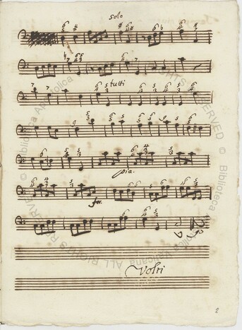A page of music in dark brown ink from f.2v of Capp.Sist.357.   There are no lyrics, but 18th C musical notation covering the entire page