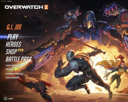 Screenshot of the Overwatch 2 loading screen. It shows a bunch of GI Joe characters. It has all the usual menu options.