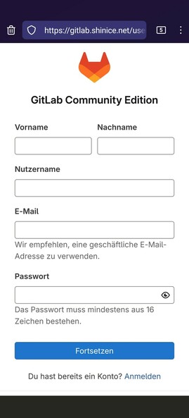 Registration to a Gitlab self hosted project. No registration with Github or Gitlab