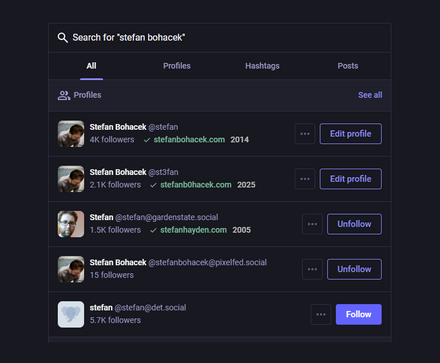 A mocked up screenshot of Mastodon search results for my own name. Two of the profiles look suspiciously similar with differences in spelling of the username (stefan vs st3fan) and the verified website (stefanbohacek.com vs stefanb0hacek.com).

Both verified websites also show the year they were registered, in this case 2014 vs 2025, making it more clear that the second profile is likely fake.