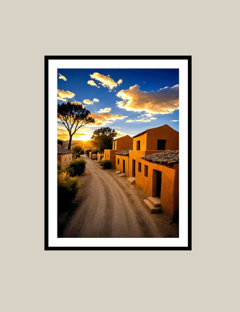Sunset over a street in a village of adobe houses
