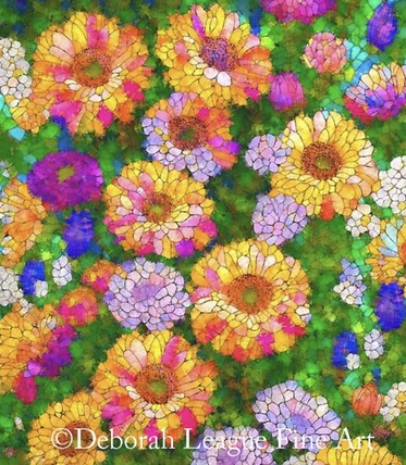 Stained Glass Flower Garden, photography + digital art. The image is of a flower garden, seen from above as though you were walking through the colorful plants. Vibrant flowers with a variety of colors are depicted in a style reminiscent of stained glass, with each petal and leaf outlined in black. The overlapping flowers and leaves create a continuous, detailed pattern across the entire image, evoking a sense of abundance and natural beauty.