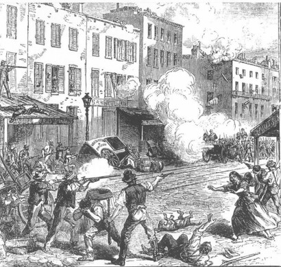 A drawing from The Illustrated London News showing armed rioters clashing with Union Army soldiers in New York City. By The Illustrated London news [1], Public Domain, https://commons.wikimedia.org/w/index.php?curid=1067192