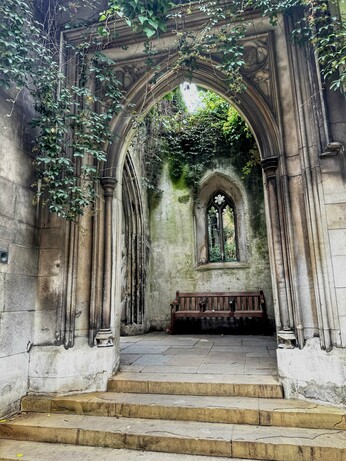 West entrance to the ruins of St Dunstan in the East church; the gardens are a little-frequented oasis in the city. The church, rebuilt by Christopher Wren after the Great Fire, was destroyed in the Blitz, in 1941.
