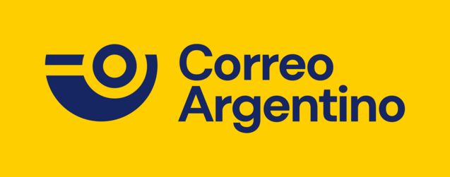 The image features a logo with a yellow background. On the left side, there is a stylized graphic element in navy blue, which resembles a half-circle with a smaller circle inside, and two horizontal lines above it. On the right side, the text "Correo Argentino" is written in navy blue, using a bold, sans-serif font. The text is aligned to the right of the graphic element, creating a balanced composition. The overall design is simple and modern, with a strong contrast between the yellow background and the navy blue elements.