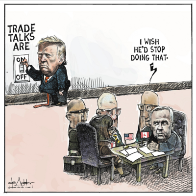 Trump at on / of light switch for trade talks with hand on switch ready to move it from ON to Off at table with US officials and a Canadian Official with Canadian Prime Minister Mark Carney there are two flags designating countries.  The Canadian Official whispers to Mark Carney as they both watch Trump - I'd wish he'd stop doing that.