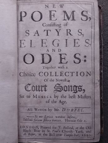 Facsimile of the title page of the 1690 edition of d'Urfey's New Poems, consisting of Satyrs, Elegies, and Odes: ...