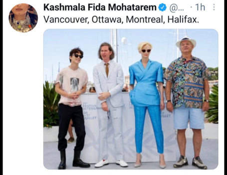 A film promo photo showing Timothee Chamalet, Wes Anderson, Tilda Swinton and Bill Murray as Vancouver, Ottawa, Montreal and Halifax.