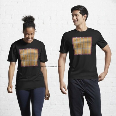 Abstract grid of multi-color squares printed on black t-shirts