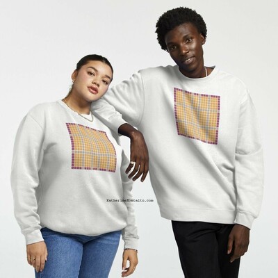Abstract grid of multi-color squares printed on white sweat shirts