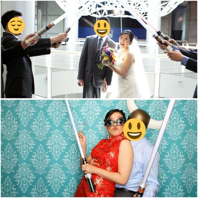 Two photos of Joy and her husband. The top is of her being surprised after the ceremony by her friends doing a lightsaber salute. The friends are holding lightsabers above Joy and her husband as they walk through. At the bottom is a photo booth photo of Joy and her husband holding lightsabers. Joy is in her red Chinese dress and wearing sunglasses. Her husband is holding her and wearing a Viking helmet. His face is covered by a smiling emoji.