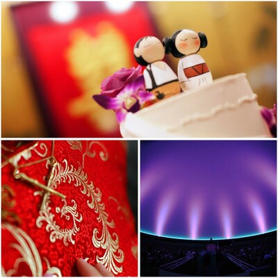 Collage of 3 photos. Top photo is of a handmade clay cake topper of chibi Han and Leia made by Joy's mom with a purple orchid. The cake is white and there is a Chinese red wedding decoration in the background. The bottom left photo is a closeup of Joy's red Chinese dress with gold details. She's wearing a gold necklace of crossed Lego light sabers hand made by her best man. Joy's fingers are below. The bottom right photo is a shot of the planetarium where Joy and her husband got married.