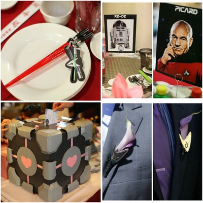 Four photos from Joy's wedding. Top left is a close up of the lightsaber chopstick wedding favors with a custom label that combines the Star Trek emblem and two crossed lightsabers. The favor is on a white plate. The top right photo a collage of two photos of table numbers, which are characters from Star Wars (R2D2) and Star Trek (Captain Picard). The bottom right photo is of Joy and her husband's handmade Portal companion cube which has a slot for cards to go in. The bottom right photo is two photos of Star Trek communicator badges and flowers that are pinned on the groom and best man.