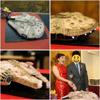 Four photos of the surprise Millennium Falcon groom's cake Joy got for her husband. The first 3 photos are of different angles of it, one showing the light up LEDs in the back of the cake. The fourth photo on the bottom right is of Joy and her husband laughing and cutting the cake.