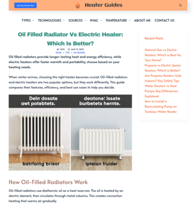 Screenshot: Fluffy English text about types of space heaters on a website that pretends to be a guide made by a person.

The image of two space heaters has nonsense words on it. Not quite esperanto.