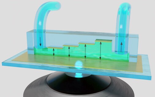 Instrument that looks like it's made of blue and green perspex, balanced on a black stand. There are black arrows on the different tubes and parts. This is a iagram showing the chip that is going to be the core element of the device used in the new ERC Proof of Concept project led by Professor Jörg Enderlein: Plasmonic microchip for absolute and calibration-free luminescence quantum yield measurements (QYieldChip). Image thanks to Alexey Chizhik.