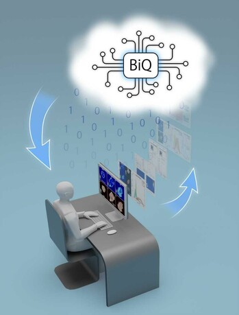 A model of a human sitting at a desk looking at sophisticated images on a computer screen where information is moving into the cloud and round from their computer. There are 1 and 0s in the background to show that data is being processed and sent. BiQ-Cloud is a new platform with the aim of making biomedical image analysis as simple as streaming a film: anyone, anywhere will be able to turn raw microscope images into answers in minutes. Illustration thanks to Alexey Chizhik