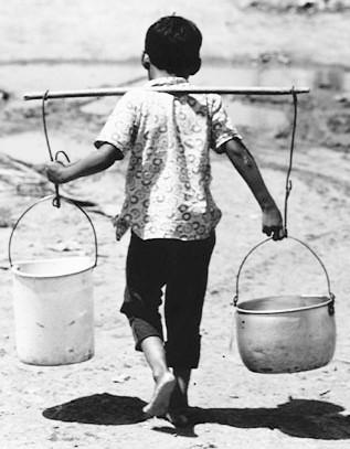A very young boy with a dowel across his shoulders and on either side buckets of water hang for him to carry and manage them efficiently