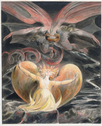 A Romantic watercolor, featuring a Satanic figure, with wings and a tail, horns and cloven hooves, mostly black but with red accents and highlights, hovers over an angelic woman, seated on a crescent moon and with broad wings. She is dressed in white with fiery hair, and she looks up at him with alarm. Jagged lines, like lightning bolts, flank them.