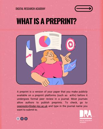 A woman standing and graphs, bars and pie charts revolving around her.A preprint is a version of your paper that you make publicly available on a preprint platforms (such as arXiv) before it undergoes formal peer review in a journal. Most journals allow authors to publish preprints. To check, go to openpolicyfinder.jisc.ac.uk and type in the journal name you want to submit to.