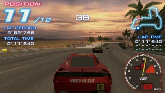🕶️ A high resolution (textures replaced?) behind view of a race car on a track along the sea, in the car racing game Ridge Racer II.

📚️ PPSSPP is a libre, multi-platform Portable SONY PlayStation (aka PSP) game console emulator, translating PSP CPU instructions directly into optimized X86, x64 or ARM machine code, allowing it to run games in full HD, even on low-powered hardware such as mobile phones or tablets. It supports touchscreens, joystick, and keyboard, save/restore state at any time, anisotropic filtering and texture scaling. Moreover, it does not require any additional BIOS to run (HLE BIOS).