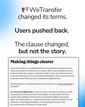 Wetransfer changed its terms. Users pushed back.t'he clause changed, but not the story.