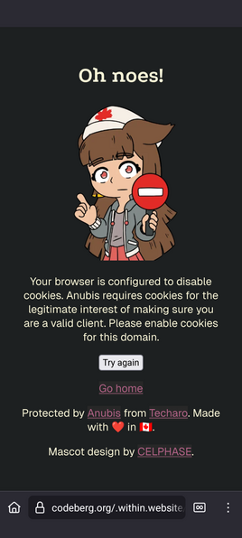 Anubis blocking access due to disabled cookies.