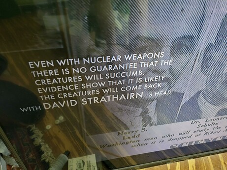 Screenshot of "unredacted" text reading "Even with nuclear weapons there is ko guarantee that the creatures will succumb. Evidence show [sic] that it is likely the creatures will come back "with DAVID STRATHAN" 'S head."