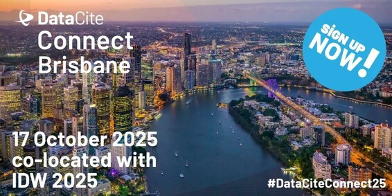 Image features a panoramic view of Brisbane, Australia, showcasing its skyline along the river at sunset. Text overlays promote the DataCite Connect event scheduled for October 17, 2025, co-located with IDW 2025.
