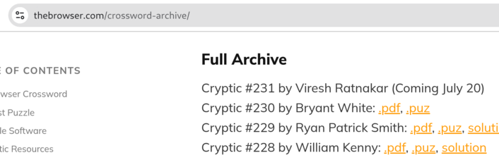 Snippet from the Browser crossword page, showing "Cryptic #231 by Viresh Ratnakar (Coming July 20)"
