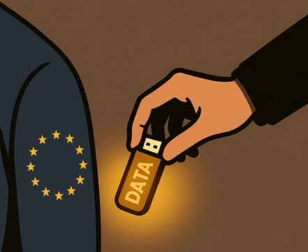 Una imagen que muestra la espalda y hombro de alguien a la izquierda. Lleva el círculo de estrellas de la bandera de la UE impresa en su manga. Mientras la mano de una segunda persona entra desde la derecha para robarle del bolsillo un pendrive con la palabra "DATA" impresa.

--

A picture showing the shoulder and back of someone on the left, with the EU's circle of stars emblazoned on their sleeve, and hand from a second person coming in from the right stealing a pendrive labelled "DATA" out of their pocket.