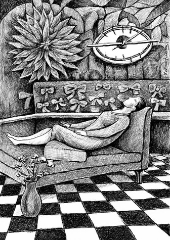 Pen drawing of a woman taking a NAP on the Sofa with a clock about her and a Sunflower.