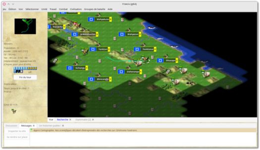 🕶️ A view of its UI (v. 3.2-alpha3, on my Linux PC) with, on the main part, a bird's-eye view showing a partial view of the map (fog of war). At the top of the interface is the menu, on the left are information areas, a button to end the tour and a map reduction, and at the bottom of the screen are tabs with a chat area, messages, ...

📚️ Freeciv is a libre, multi-platform, single-player / multi-player (local / online, with or without IAs), turn-based strategy (4X) & empire building game offering different types of gameplay (it is modular, the rules are modifiable) including that of Civilization I & II: the game starts in prehistory, the objective is the supremacy over the other protagonists, leading its civilization from the Stone Age to that of the Space Age, or to be the first to lead its settlers on the Alpha Centauri planet. An HTML version called Freeciv-web (see the entry on our site) allows the game via the browser without prior registration.