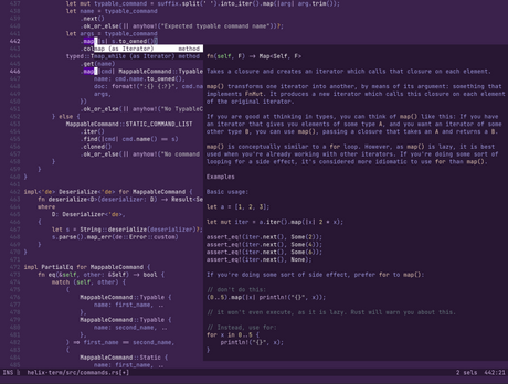 🕶️ A view of its textual UI with code being edited, including syntax highlighting, indentation and windowing

📚️ Helix is a libre, multi-platform modal text editor for programming. It supports multiple selections (concurrent code editing), Language Server Protocol (LSP, for automatic completion and language-specific syntax highlighting), Tree-sitter (improves syntax highlighting, indentation calculation and code navigation), Debug Adapter Protocol (DAP, experimental, communication protocol between dev tools and debuggers), fuzzy search, auto closing of bracket pairs, and themes.