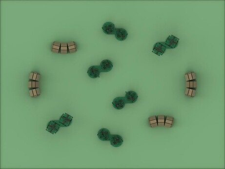Top-down render of a battlefield with several bits of LEGO terrain. Bushes offer partial light cover, while trees serve as full light cover. There are also low walls that serve as partial heavy cover, and taller sections that offer full heavy cover.