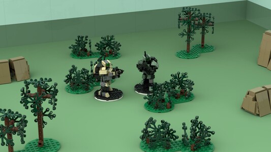 Render of a battlefield with several bits of LEGO terrain. Bushes offer partial light cover, while trees serve as full light cover. There are also low walls that serve as partial heavy cover, and taller sections that offer full heavy cover. A pair of LEGO mecha, one tan and the other green, stand in the center, though just for context as they haven't been deployed yet in the game.
