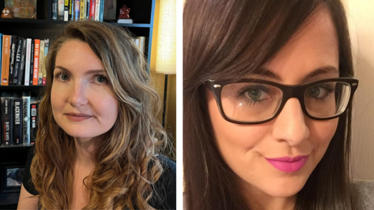 A composite image of two headshots of Candice Bernd and Mary Tuma. Candice has blonde hair with brown highlights and is posed in front of a full bookcase. Mary Tuma is wearing black plastic glasses and bright pink lipstick.