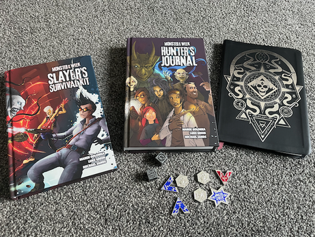 Slayer's Survival Kit, Hunter's Journal, Investigator's Casebook, and the new Monster of the Week dice and tokens