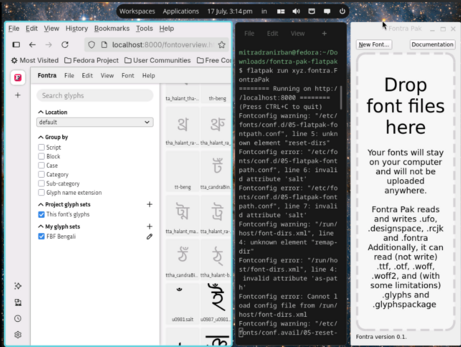 screenshot of a Fedora Cosmic desktop showing three vertically tiling windows, Firefox with a fontra font overview pane open on the left, a terminal with fltpak run command running in middle, and fontrapak window in the right