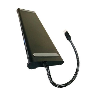 Pinebook Pro USB-C dock, a long, wedge-shaped platform with rubber feet to securely support a laptop on top.