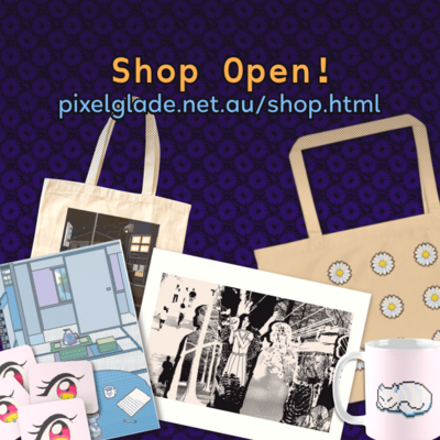 Shop open! pixelglade.net.au/shop.html mockups of some products a small totebag with a pixel landscape on it, a spiral bound notebook with pixel art on it, coasters with a pixel anime eye, a print example featuring a 1bit surreal collage artwork, a large tote bag with a 3 by 3 grid of sunflowers, and a mug with a pixel art sleepy cat on it.