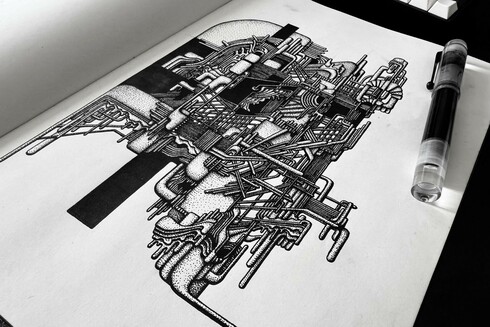 An abstract ink drawing on paper. Organic and angular shapes intertwine to create a nondescript form.

A fountain pen rests on top of the drawing.