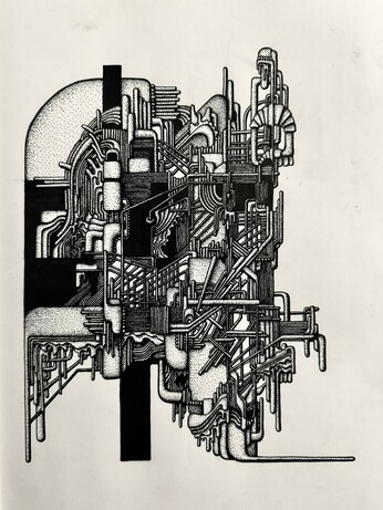 An abstract ink drawing on paper. Organic and angular shapes intertwine to create a nondescript form.