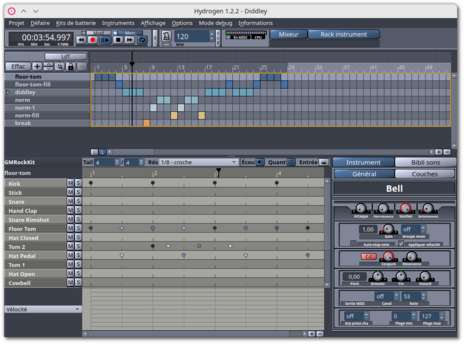 🕶️ Its UI (v.1.2.2, on my Linux PC), with 2 windows, the 1st showing the Mixer and all its adjustment knobs, the 2nd the timeline with the list of percussion instruments and various settings. 

📚️ Hydrogen is a libre, multi-platform, sample-based, programmable drum machine for emulating professional quality percussion in a simple and intuitive way. It is based on a synthesizer that can be used alone, emulating a pattern-based drum machine, or via external MIDI keyboard/sequencer software. It has a very user-friendly, modular, fast and intuitive graphical interface, and a sample-based stereo audio engine with import of sound samples in .wav, .au and .aiff formats.
